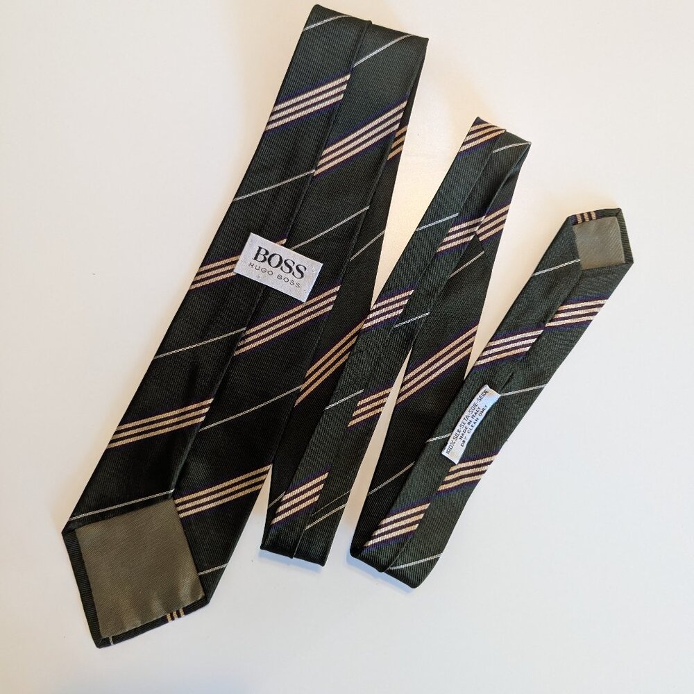 Hugo Boss Khaki Diagonal Striped 100% Silk Tie - Made in Italy